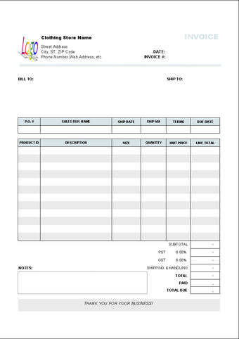 Image 0 for Clothing Store Invoice Te…