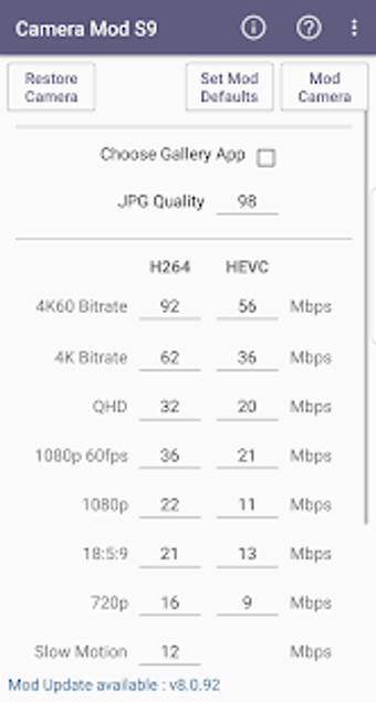 Imagen 1 para Camera Mod S9 - Bitrate &…